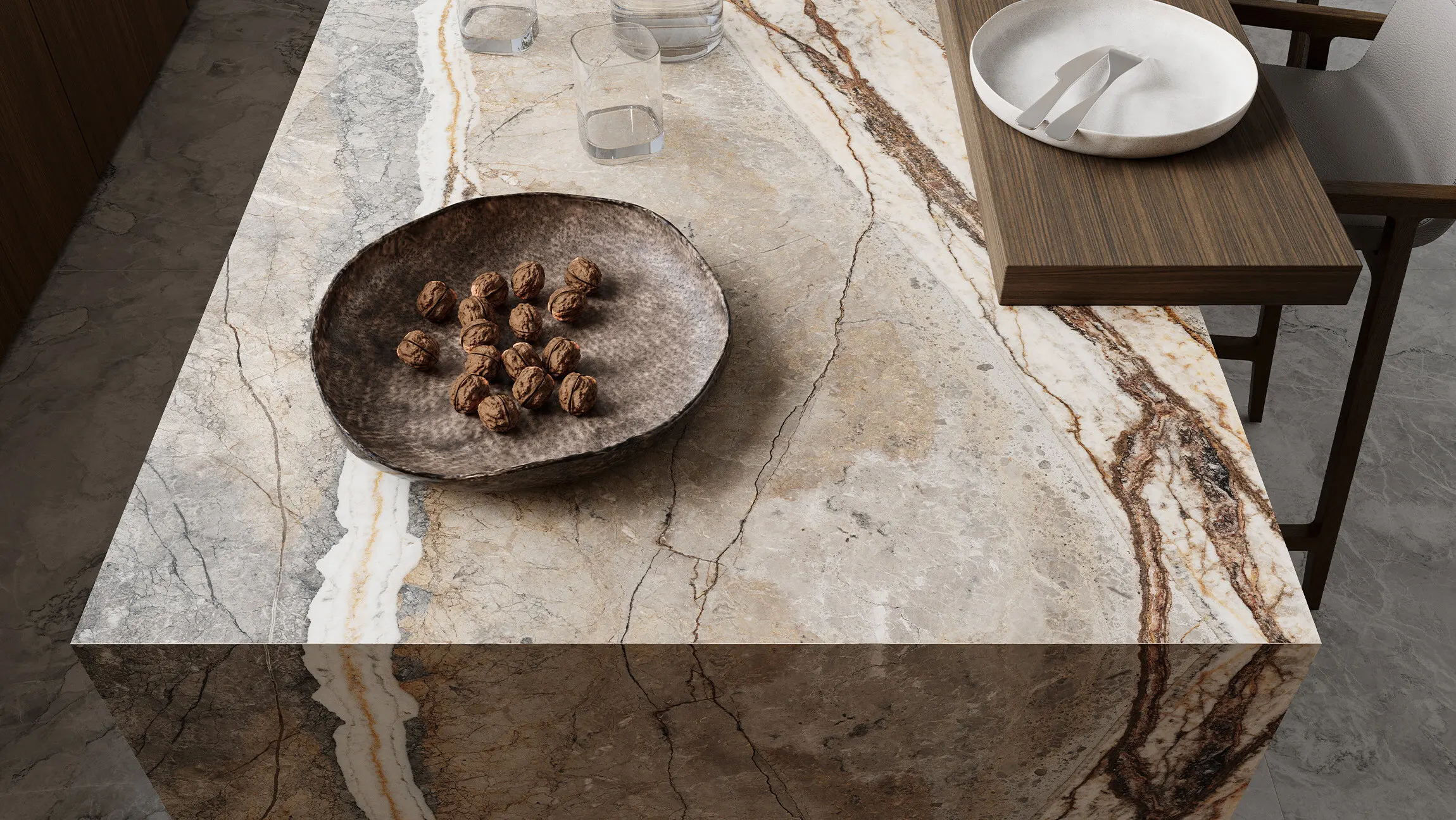 4On the wall and counter: Foresta / Block 56. On the floor: Atlantic Ocean / Block 24.